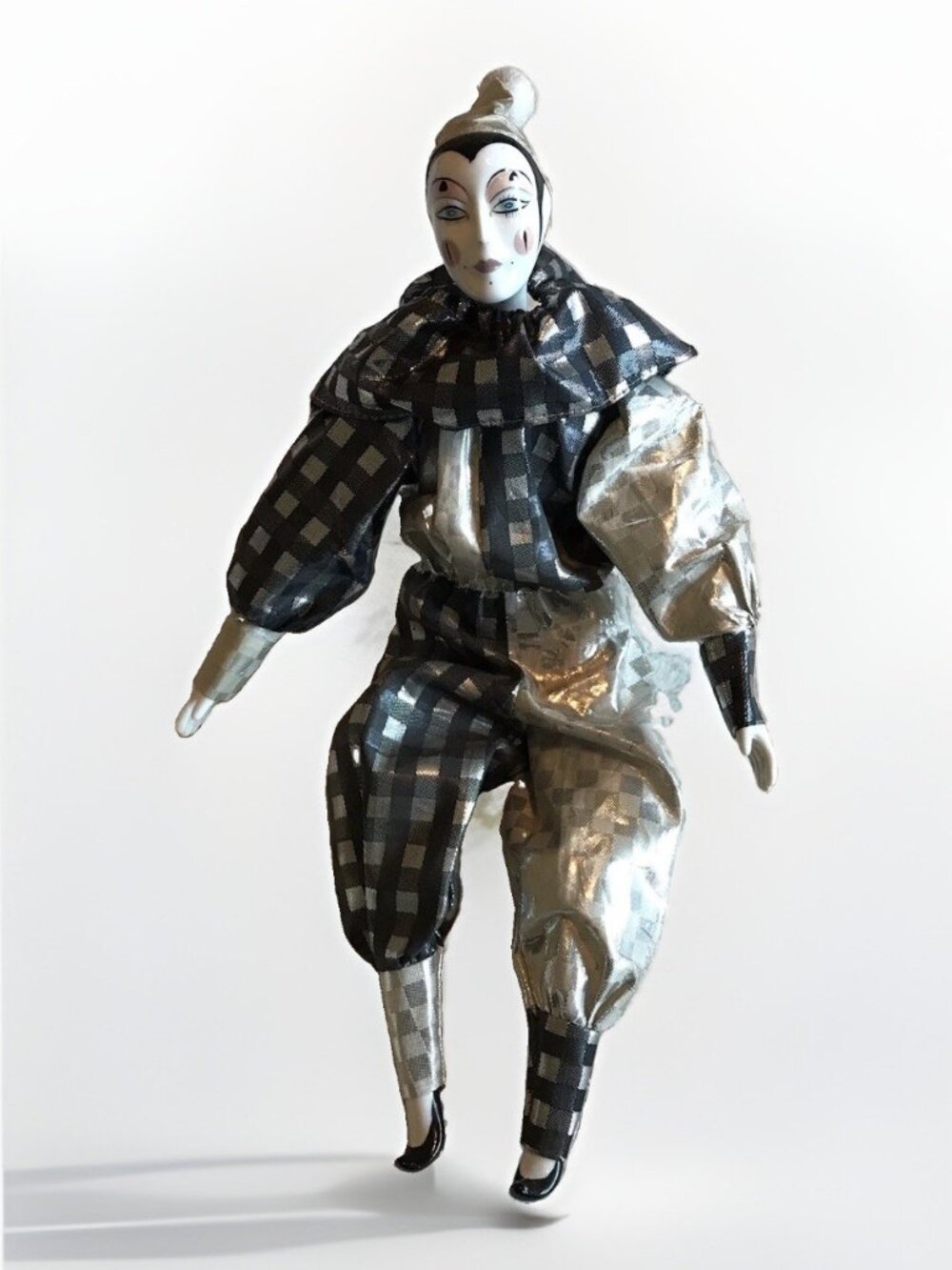Vintage 1980s Porcelain Harlequin Jester Doll Black Silver Checkered Pierrot